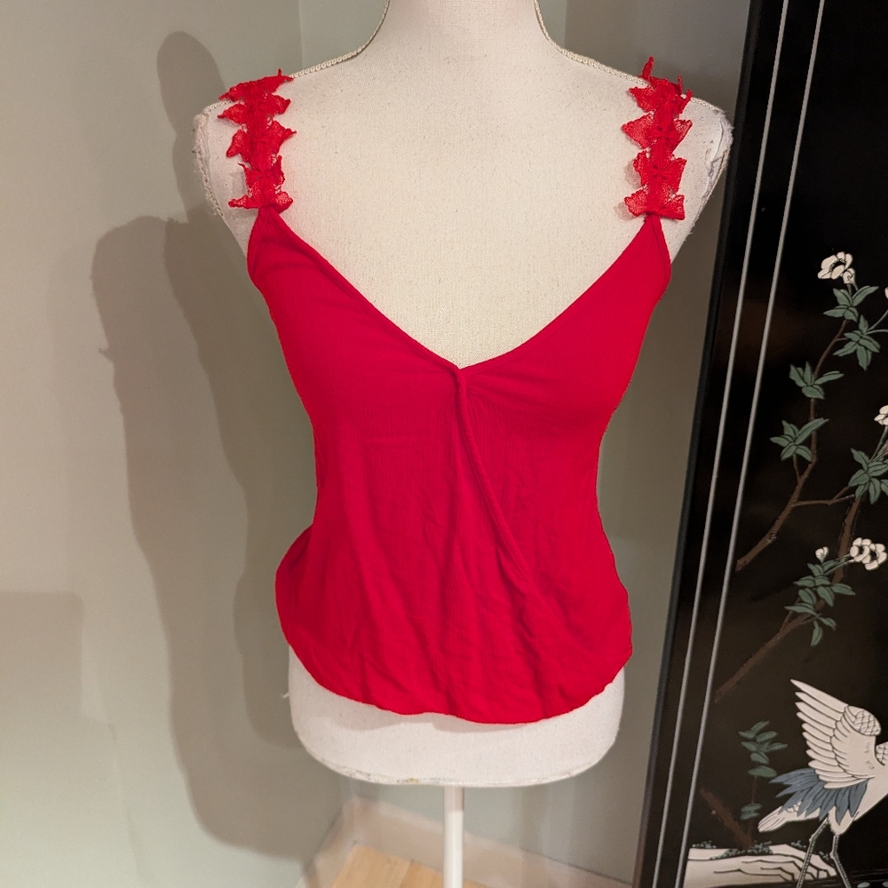 Honey Punch Women's Small Cropped Cami Tank Top Lace Detail Strap Faux Wrap 124